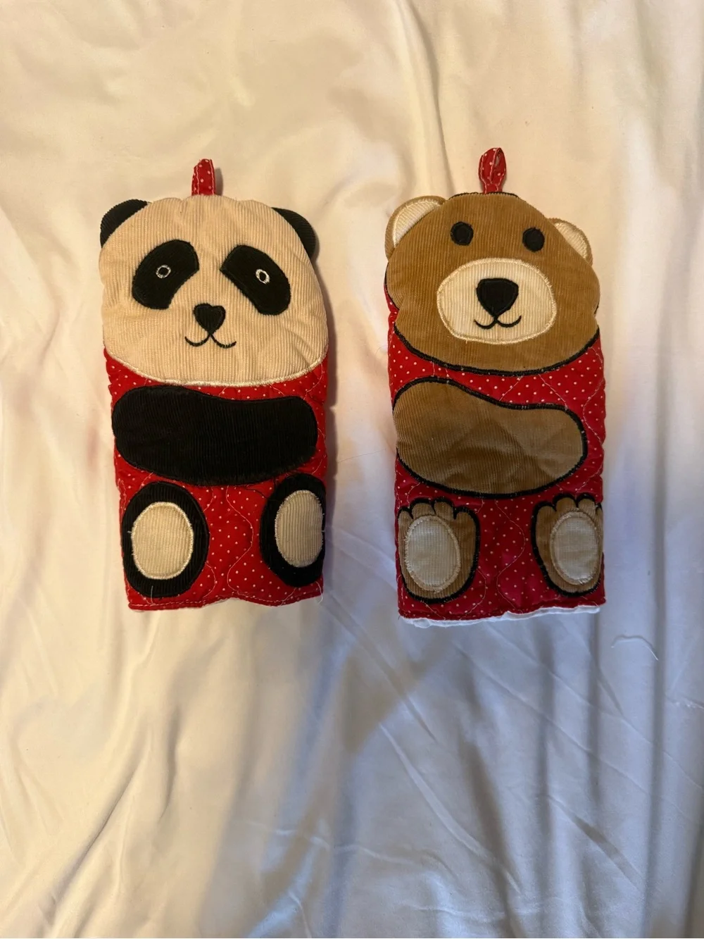 Vintage 1987 Avon Quilted Panda & Teddy Bear Oven Mitts Set Corduroy Novelty